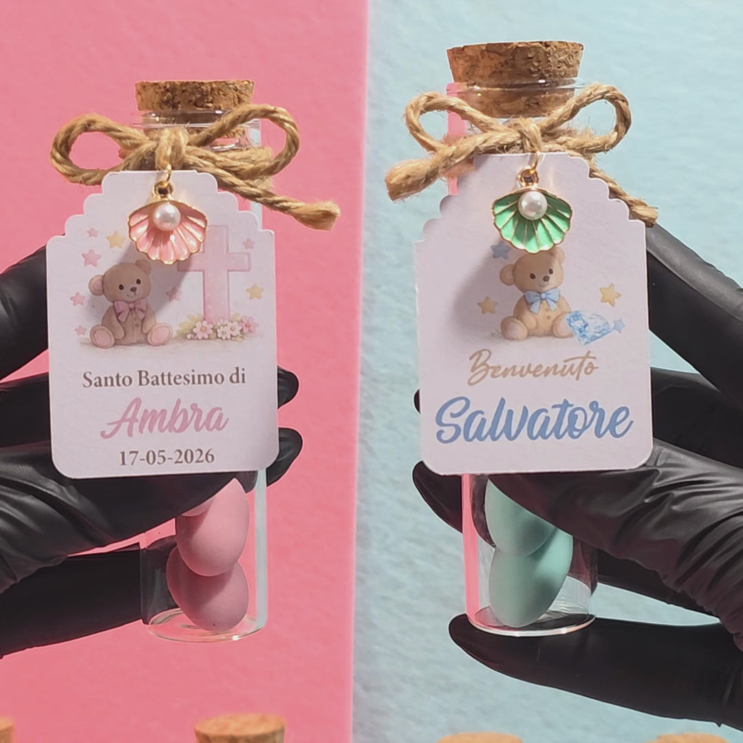 Bomboniera Elegante in Vetro con Etichetta Personalizzata – Ideale per Nascita, Battesimo o Primo Compleanno